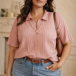 NATION Resort Ribbed Pima Cotton Short Sleeve Collared Shirt in Rose Pink | XL